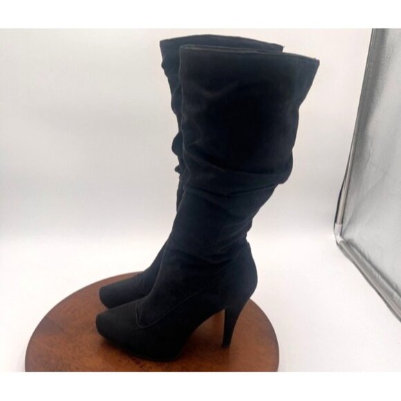 Elle Black Suede Pointed Toe Slouchy Heeled Mid-Calf Boots Size 6M Whimsigoth - Picture 5 of 14